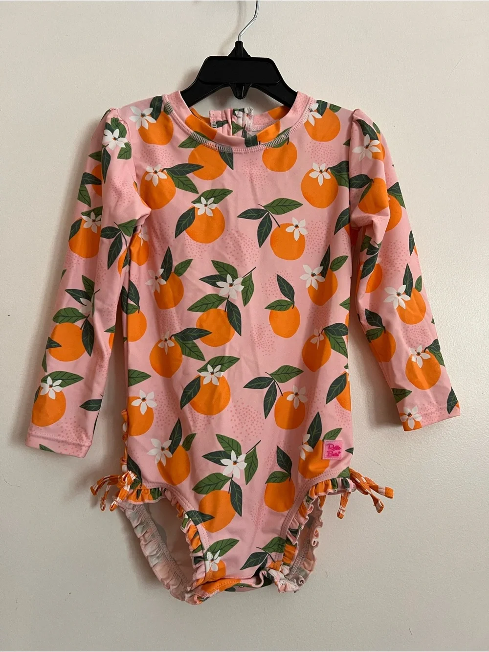 Ruffle Butts Pink and Orange Floral-Tie Long Sleeve Swimsuit